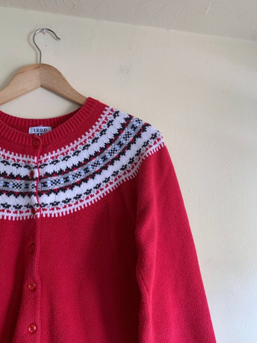 VINTAGE Izod Red Fair Isle Cardigan Sweater Cotton Women's Size M - Picture 3 of 8